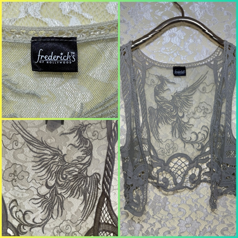Vintage Frederick's of Hollywood Gray Lace Open Vest phoenix embroidery s/m euc